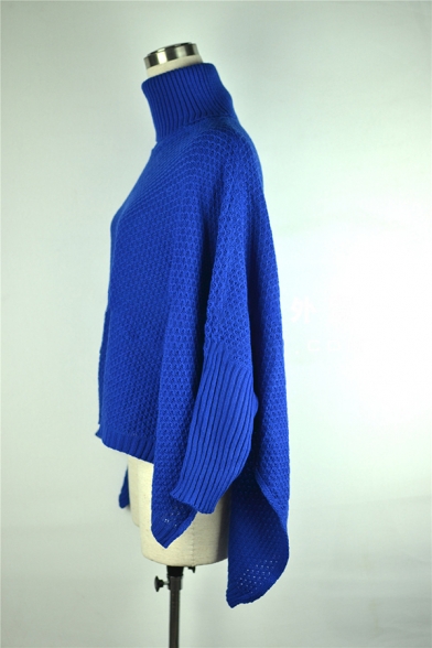 Unique Girls' Plain Balloon Sleeve Turtleneck Asymmetric Chunky Knit Baggy Midi Cocoon Sweater