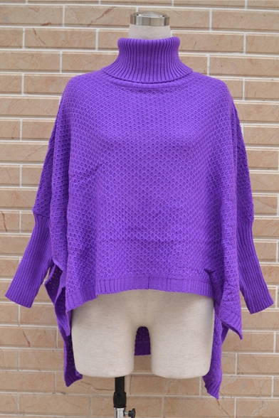 Unique Girls' Plain Balloon Sleeve Turtleneck Asymmetric Chunky Knit Baggy Midi Cocoon Sweater