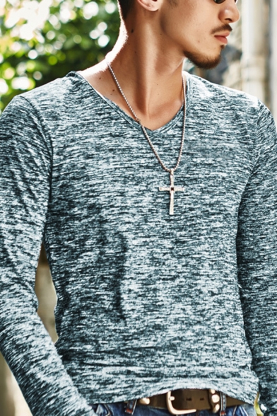 Unique Heathered Solid Color Long Sleeve V-Neck Slim Fit Casual T-Shirt