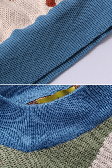 Vintage Colorblocked illustration Letter HOPE Print Long Sleeve Blue Loose Jacquard Sweater