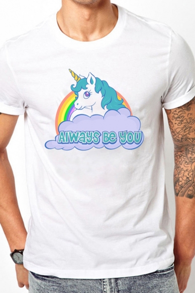 White Popular Letter Rainbow Unicorn Printed Short Sleeves Casual Fitted T-Shirt