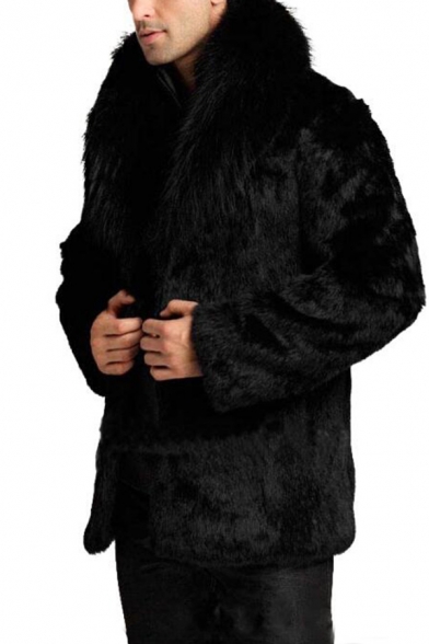 Winter Luxury Plain Black Long Sleeve Open Front Soft Faux Fur Coat for Men
