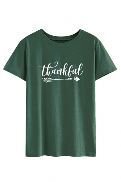 Women's Casual Short Sleeve Crew Neck Letter THANKFUL Arrow Print Relaxed Tee