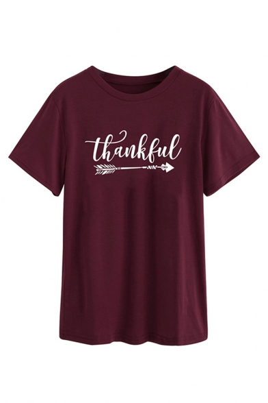 Women's Casual Short Sleeve Crew Neck Letter THANKFUL Arrow Print Relaxed Tee
