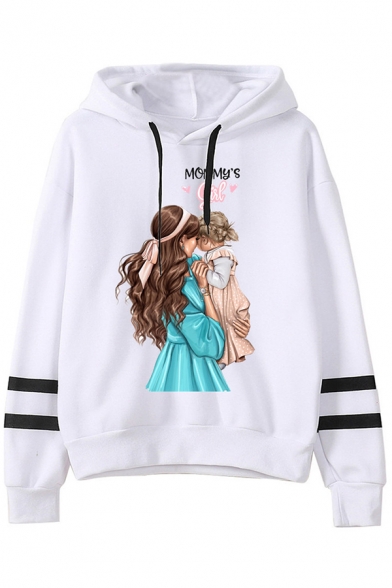 Women's Cute Popular Long Sleeve Hooded Drawstring Mommy and Kids Patterned Loose Fit Varsity Striped Hoodie in White