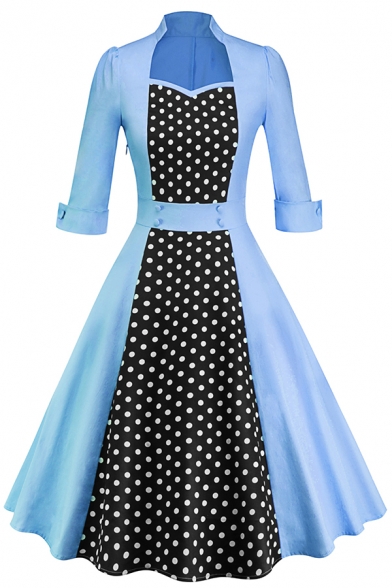 Women's Retro Roll Up Sleeve Sweetheart Sleeve Polka Dot Print Patched Midi Pleated Swing Dress