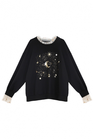 Womens Chic Shiny Planet Galaxy Pattern Mesh Panel Long Sleeve Round Neck Black Sweatshirt