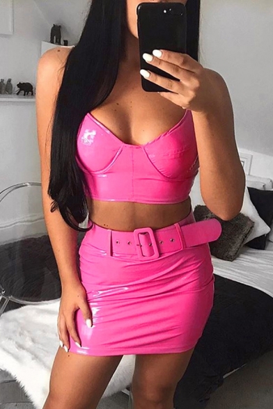 Womens Nightclub Popular Solid Color Cropped Cami Top with Belted Mini Skirt PU Co-ords