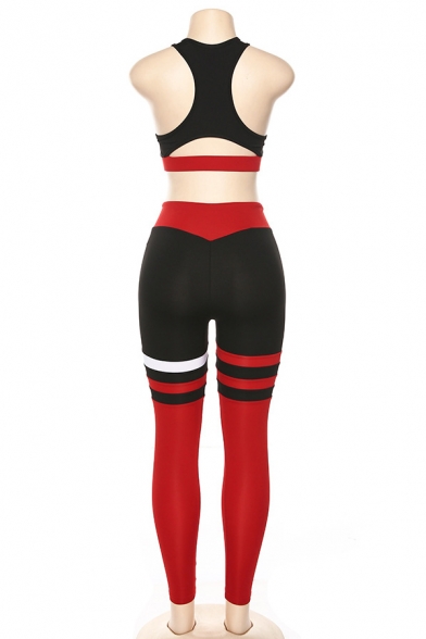 Womens Popular Colorblock Stripe Cutout Racerback Crop Top Skinny Pants Two Piece Co-ords
