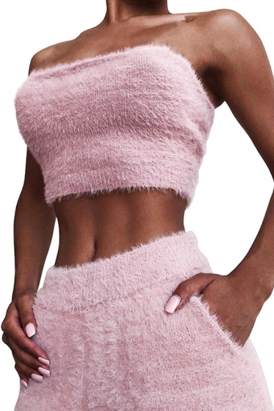 Womens Sexy Solid Color Bandeau Tube Top with Dual Pocket Shorts Fuzzy Co-ords