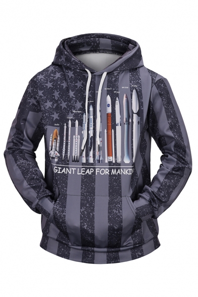 Awesome Spacecraft A GIANT LEAP FOR MANKIND Star Striped Print Dark Gray Oversized Hoodie