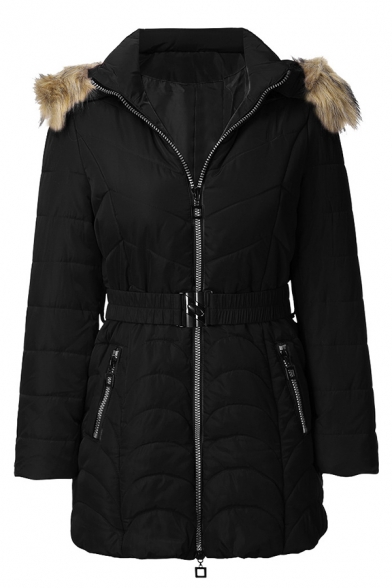 Basic Thickened Long Sleeve Hooded Zipper Front Fluffy Trim Buckle Belted Pockets Side Fitted Plain Down Coat for Female