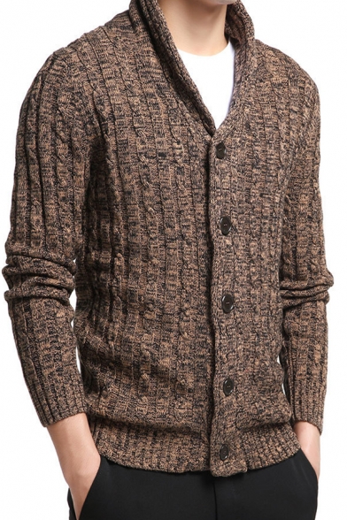 British Style Plain Long Sleeve Button Down Slim Fit Cable Knit Cardigan Coat