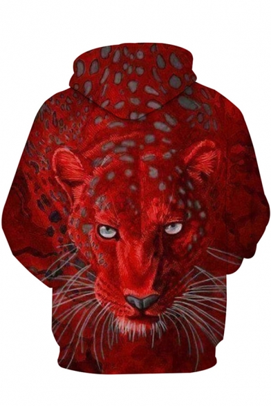 Burgundy Leopard Animal 3D Printed Long Sleeves Loose Casual Hoodie