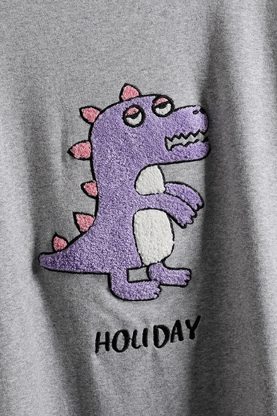 Casual Cute Short Sleeve Crew Neck Letter HOLIDAY Dinosaur Print Loose Fit Tee for Female