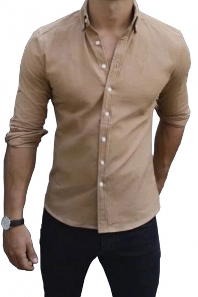 Casual Fashion Solid Color Long Sleeve Button Down Slim Fit Simple Shirt for Men