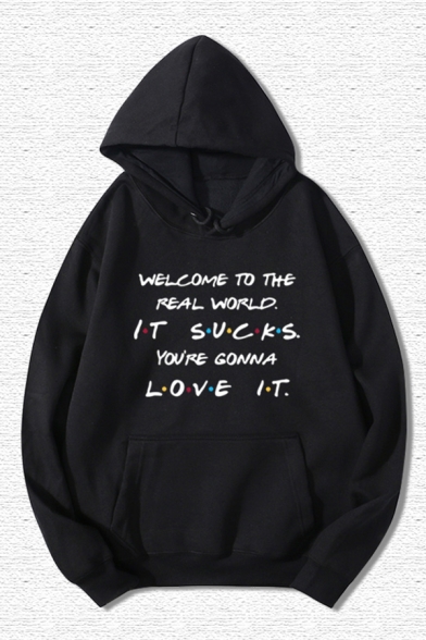 Casual Letter WELCOME TO THE REAL WORLD Print Long Sleeves Pouch Pocket Loose Hoodie
