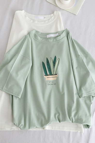 Casual Short Sleeve Crew Neck Letter STILL GROWING Plant Pattern Relaxed Fit T Shirt for Women