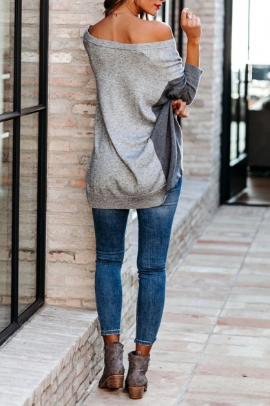 Chic Street Women's Dolman Sleeve Drop Shoulder Contrasted Asymmetric Purl-Knit Oversize Pullover Sweater