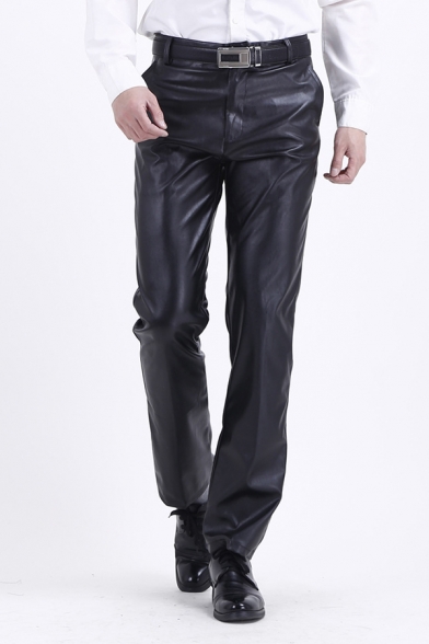 Cool Fashion Black PU Leather Zipper Placket Straight Fit Men's Pants