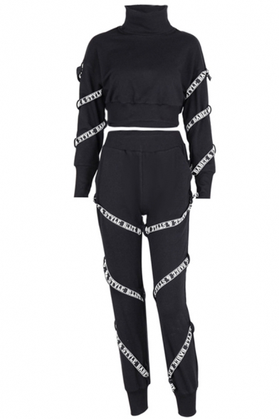 Cool Letter Tape Embellished Long Sleeve High Neck Cropped Top with Pants Black Sport Set