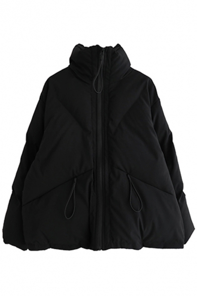 Cool Street Long Sleeve Zipper Front Pockets Side Baggy Thick Plain Puffer Coat for Girls