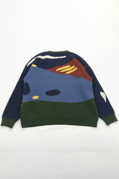 Creative Park Landscape Paint Long Sleeve Blue and Green Oversized Knit Sweater