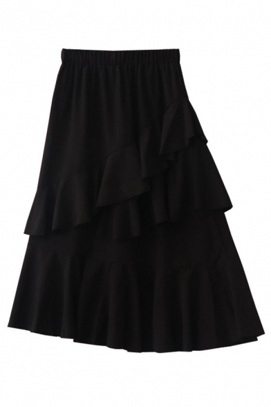 Cute Fancy Girls' Elastic Waist Ruffled Trim Asymmetric Plain Mid Pleated A-Line Skirt