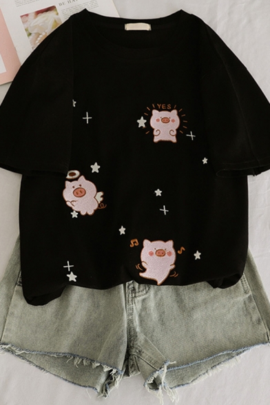 Cute Fashion Short Sleeve Crew Neck Pig Pattern Loose Fit T-Shirt for Girls