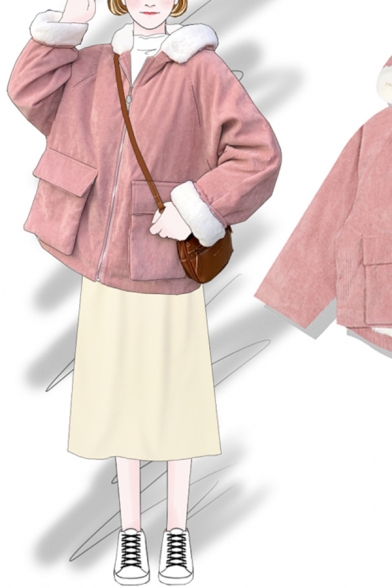 Cute Plain Long Sleeve Hooded Zipper Front Flap Pockets Corduroy Shearling Lined Oversize Jacket for Girls
