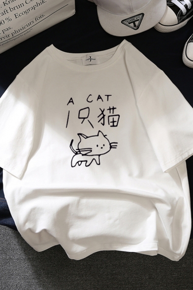 Cute Street Short Sleeve Crew Neck A CAT Letter Kitty Printed Relaxed Fit T-Shirt for Girls