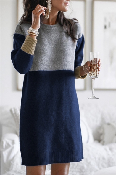 Elegant Fancy Ladies' Long Sleeve Round Neck Contrasted Patched Fluffy Knit Midi Loose Pullover Sweater Dress