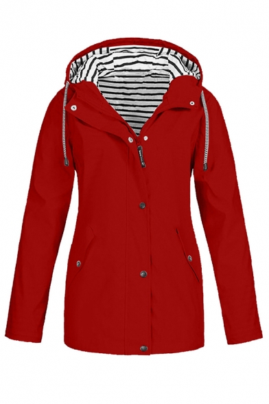 Fashion Girls' Long Sleeve Hooded Drawstring Button Zipper Front Pockets Side Stripe Printed Lined Relaxed Plain Trench Coat