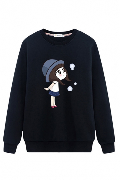 Female Cute Fashion Long Sleeve Crew Neck Girl Patterned Loose Fit Pullover Sweatshirt
