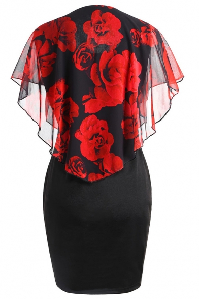 Formal Women's Batwing Sleeve Round Neck Floral Printed See-Through Mesh Patched Mid Tight Dress