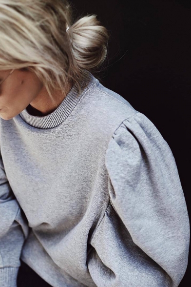 Grey Stylish Puff Sleeve Crew Neck Oversize Pullover Sweatshirt for Ladies