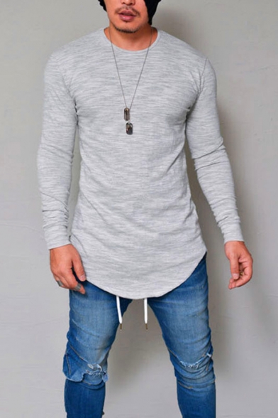 Hot Popular Solid Color Long Sleeves Round Neck Curved Hem Fitted T-Shirt