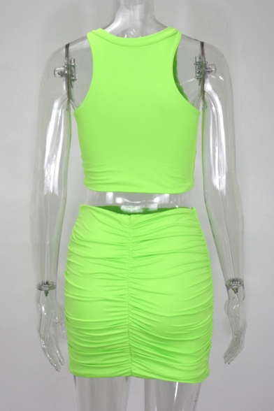 Plain Hollow Out Crop Tank Top with Mini Tight Skirt Two Piece Club Co-ords