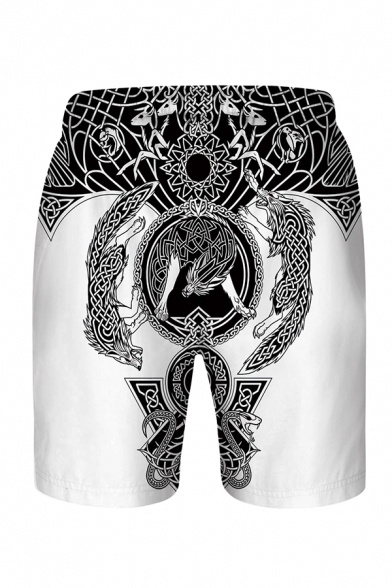 Indian Style Tribal Pattern Drawstring Waist Loose Fit Beach Shorts for Men