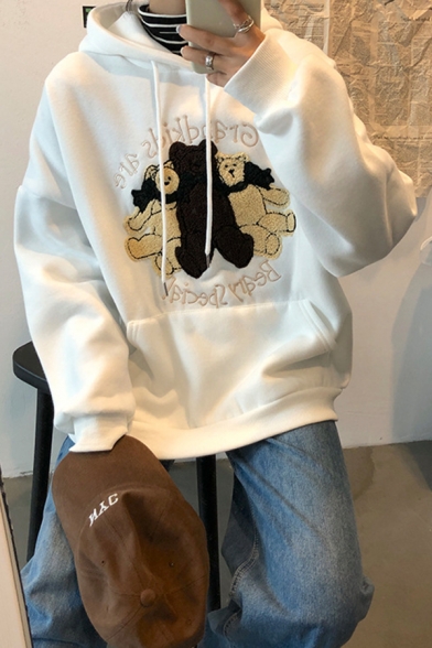 Korean Style Cartoon Bear Pattern Long Sleeve Pouch Pocket Loose Fit Pullover Hoodie