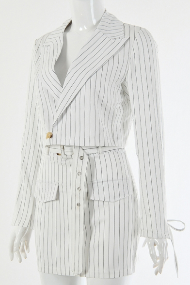 Ladies Graceful Stripe Print Long Sleeve Tied Cuff Crop Blazer with Mini A-Line Skirt Co-ords