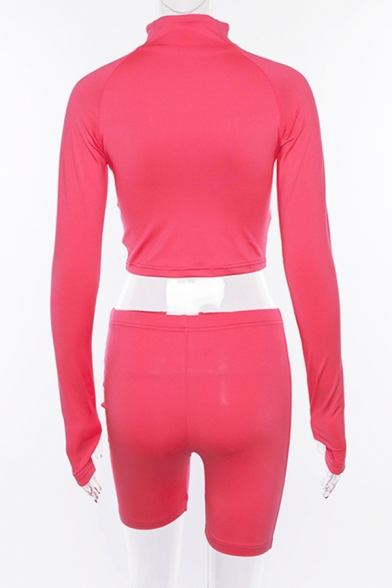 Ladies Trendy Plain Half Zip Long Sleeve Cropped Top with Skinny Shorts Active Co-ords