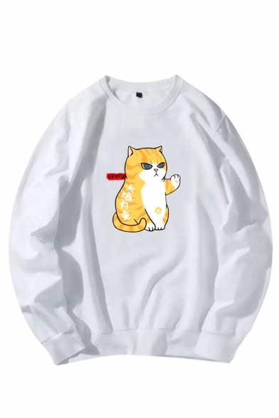 Lovely Orange Cat Pattern Long Sleeves Round Neck Unisex Leisure Sweatshirt