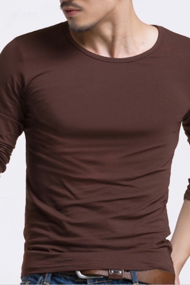 Men's Street Fashion Long Sleeve Crew Neck Slim Fit Solid Color T-Shirt