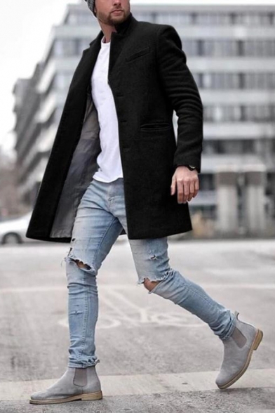 Mens Casual Solid Color Long Sleeve Welt Pocket Tunic Woolen Coat