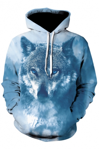 Mens Casual Wolf 3D Printed Long Sleeve One Pocket Blue Drawstring Hoodie