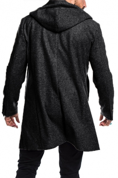 Mens Simple Plain Long Sleeve Double Breasted Woolen Coat Longline Hooded Peacoat