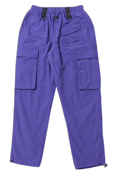 Mens Stylish Plain Drawstring Waist Multi-Pocket Straight Fit Cargo Pants