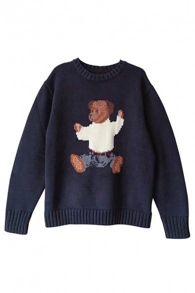 Navy Classic Long Sleeve Crew Neck Bear Embroidered Chunky Knit Baggy Pullover Sweater for Girls
