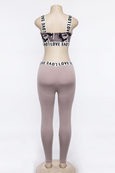 Pink Stylish Letter Tape Trim Camo Print Tank Top with Mesh Patch Sweatpants Two Piece Co-ords